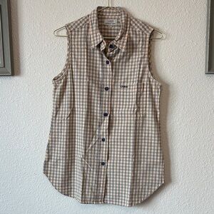 Vintage GUESS Beige, Peach & Navy Plaid Sleeveless Button-Up Top